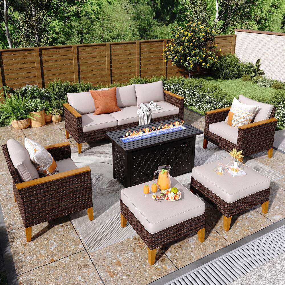 8-Piece Patio Outdoor Wicker Sectional Sofa Set, Large Seating Furniture Conversation Sets with Fire Pit Table