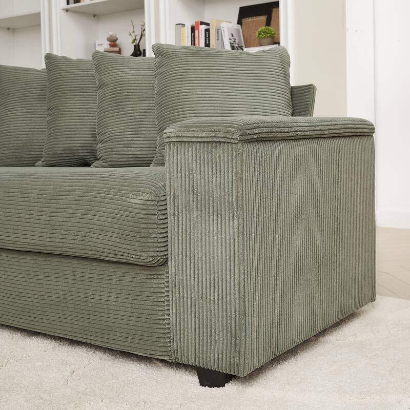 L-shaped Sectional Sofa with Chaise Corduroy Upholstered Couch with Reversible Ottoman, 2 Storage Armrests and 8 Pillows