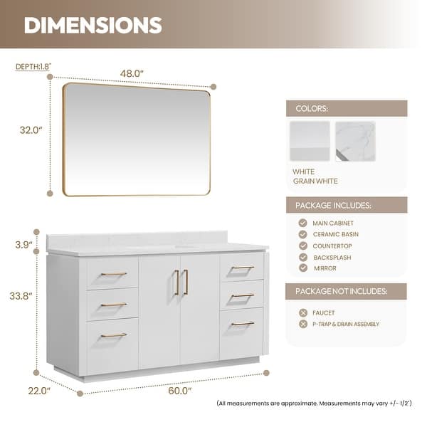 dimension image slide 11 of 16, San Single Bath Vanity with Composite Stone Top and Mirror