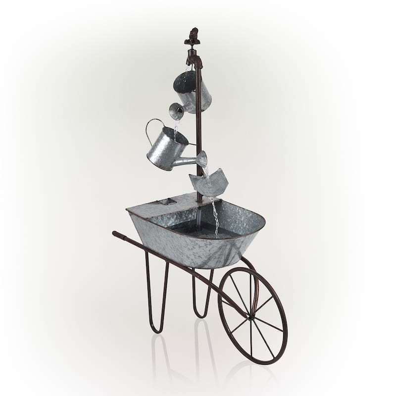 Alpine Corporation 36" Tall Rustic Wheelbarrow and Watering Can Fountain Yard Decoration