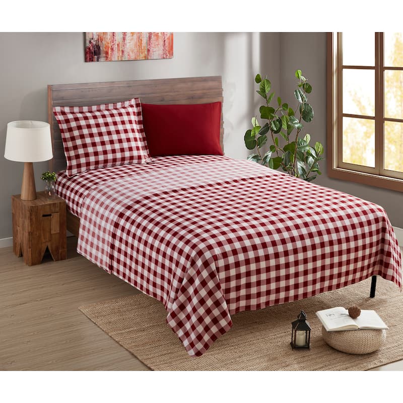 Clara Clark Printed Sheet Set - Ultra Soft Deep Pocket Bed Sheets - Checker Red - Twin