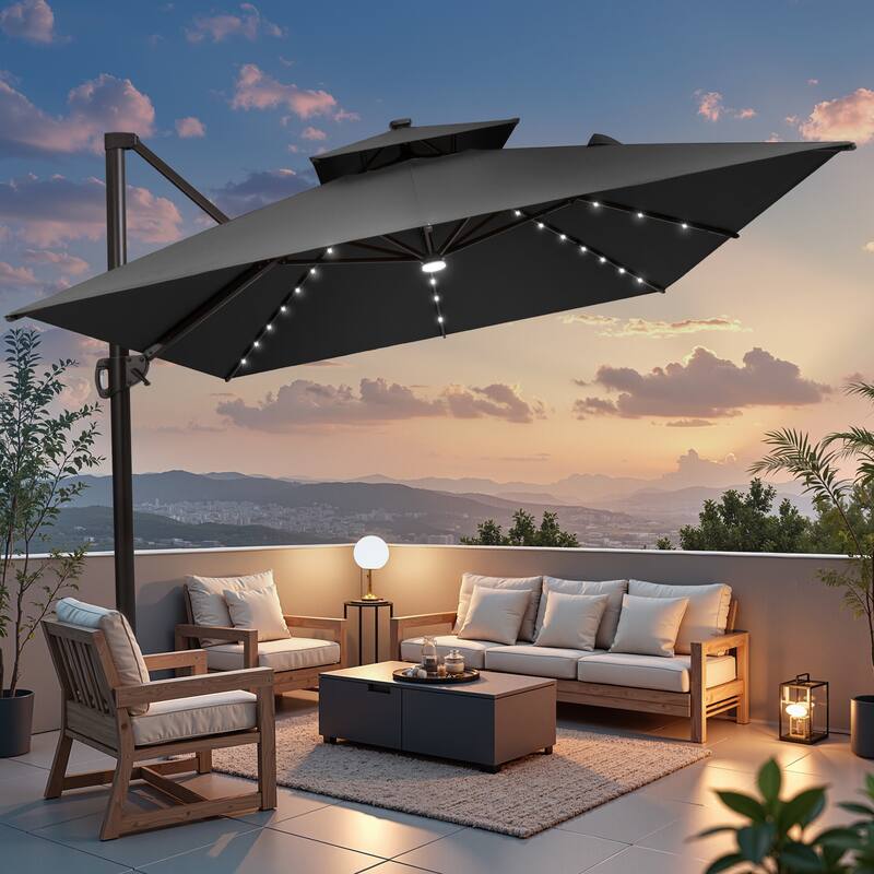 10 X 13 FT Outdoor Patio Cantilever Umbrella with Solar Lights Double Canopy 360 RotationTilt - Black