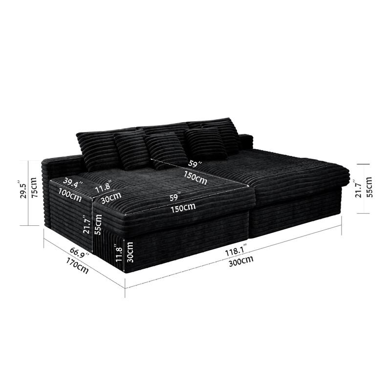 Roomfitters 118.1" Modular Sectional Sofa, 2-Piece Compressed Cloud Couch, No Assembly Required, Plush Corduroy, Black