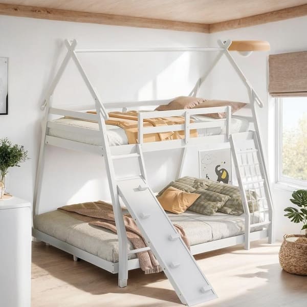 slide 2 of 12, Twin over Queen House Bunk Bed with Climbing Nets and Climbing Ramp, White White