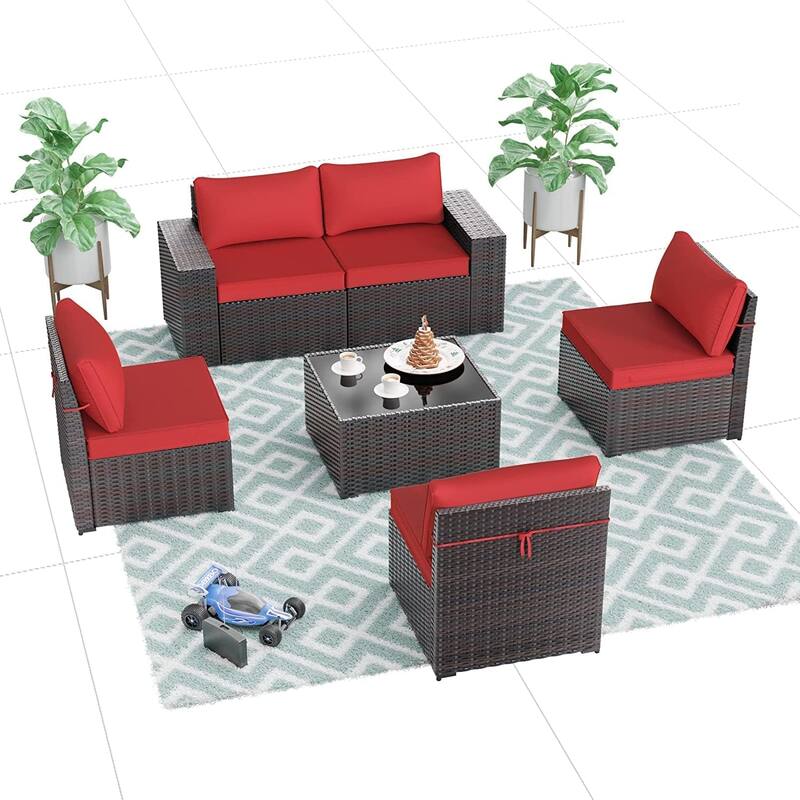 Delnavik Patio Furniture Set Sofa 6-Piece Wicker Sectional Sofa Set, Outdoor Furniture Rattan Patio Sofa Conversation Set