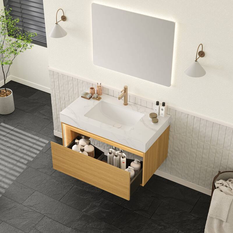 GDFStudio - Nyah Modern Floating Bathroom Vanity with Ultra-Slim Grille Drawer, Sensor Light & Carrara White Sintered Stone Top - 36" - Light Oak