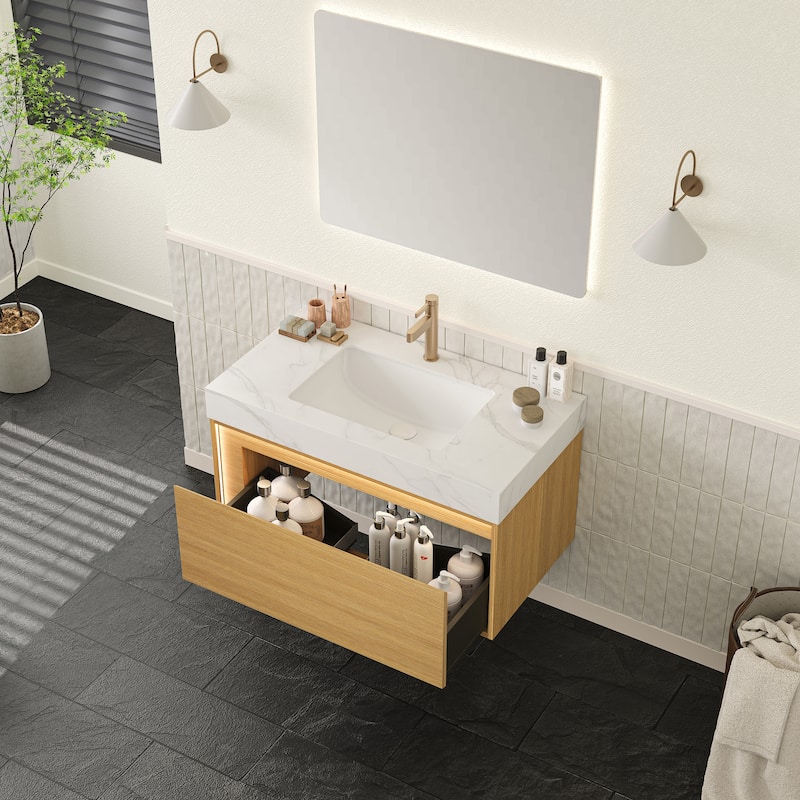 GDFStudio - Nyah Modern Floating Bathroom Vanity with Ultra-Slim Grille Drawer, Sensor Light & Carrara White Sintered Stone Top