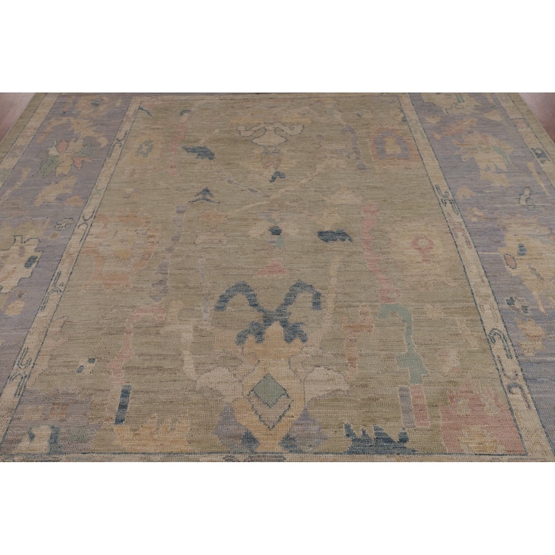 Vegetable Dye Oushak Turkish Area Rug Hand-Knotted Green Wool Carpet - 7'9"x 9'6"