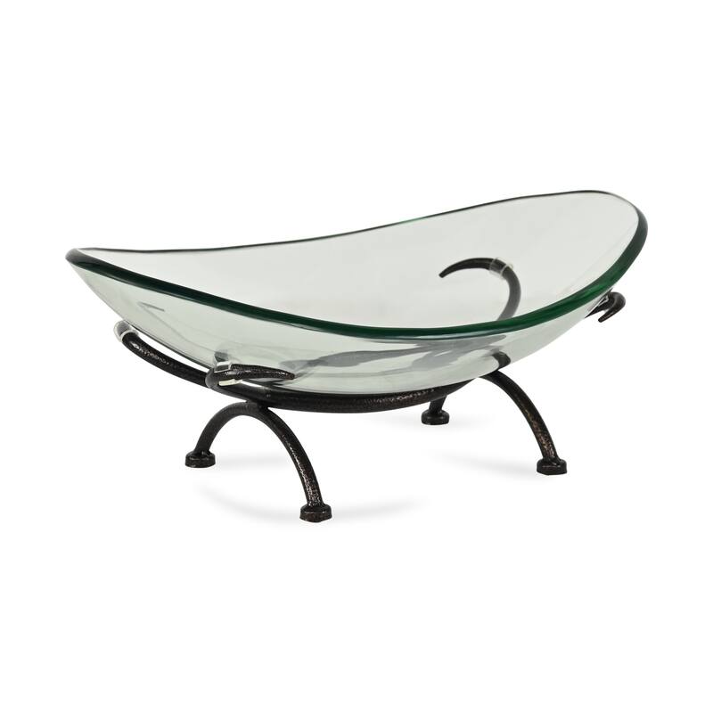 HomeRoots 17" Clear And Black Glass And Metal Oval Decorative Bowl With Stand - 17.25 in. x 7.00 in. x 11.50 in.