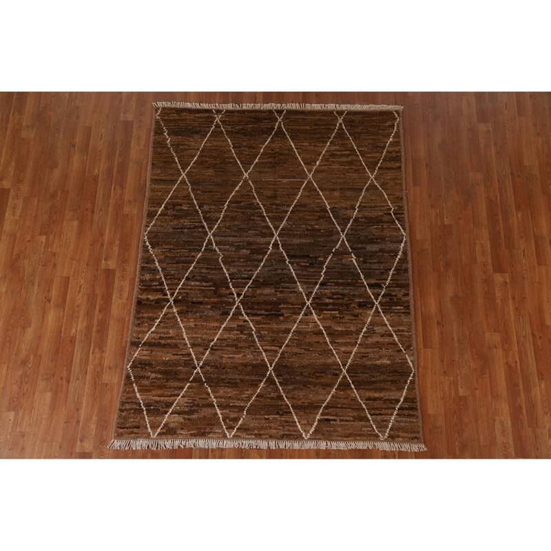 Hand Knotted Oriental 100% Wool Carpet Modern Trellis Brown Moroccan Area Rug - 6' 8'' X 5' 1''