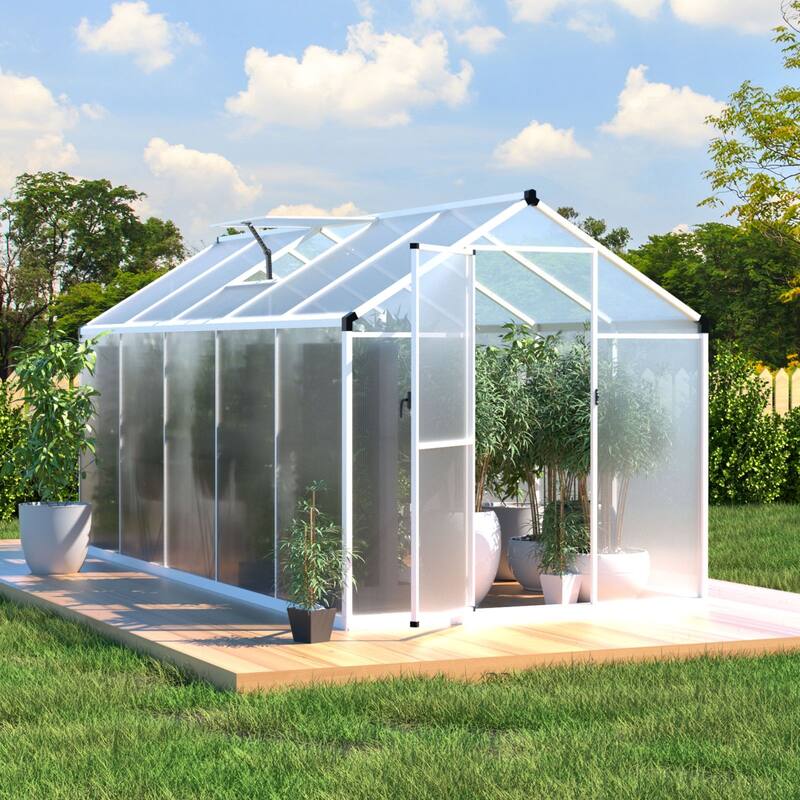 VEIKOUS Aluminum Walk-In Garden Greenhouse Kit with Adjustable Roof Vent and Lockable Door White - 6'×10' - 6'×10'