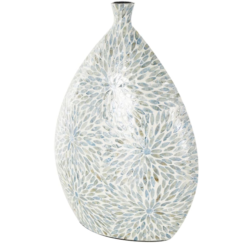 Mother of Pearl Shell Floral Handmade Large Mosaic Decorative Vase with Cream Underlay - Blue - Roche River Decor