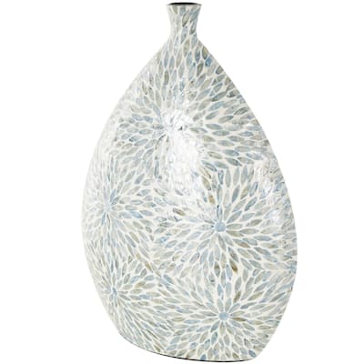 Mother of Pearl Shell Floral Handmade Large Mosaic Decorative Vase with Cream Underlay - Blue - Roche River Decor