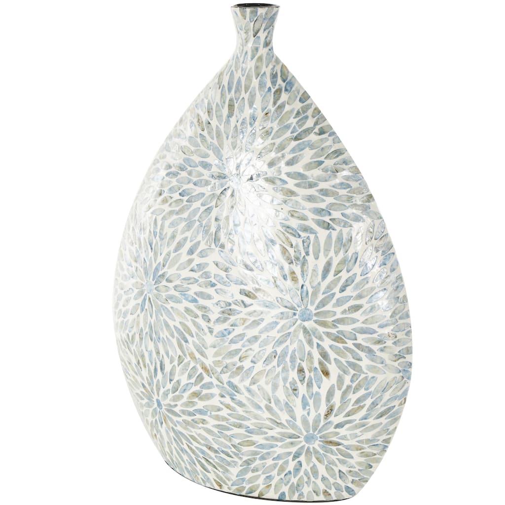 Mother of Pearl Shell Floral Handmade Large Mosaic Decorative Vase with Cream Underlay - Blue - Roche River Decor
