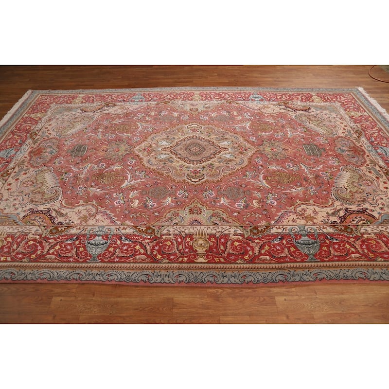 Handmade Wool & Silk Pink Tabriz Persian Area Rug Traditional Carpet - 6'7"x 10'5"