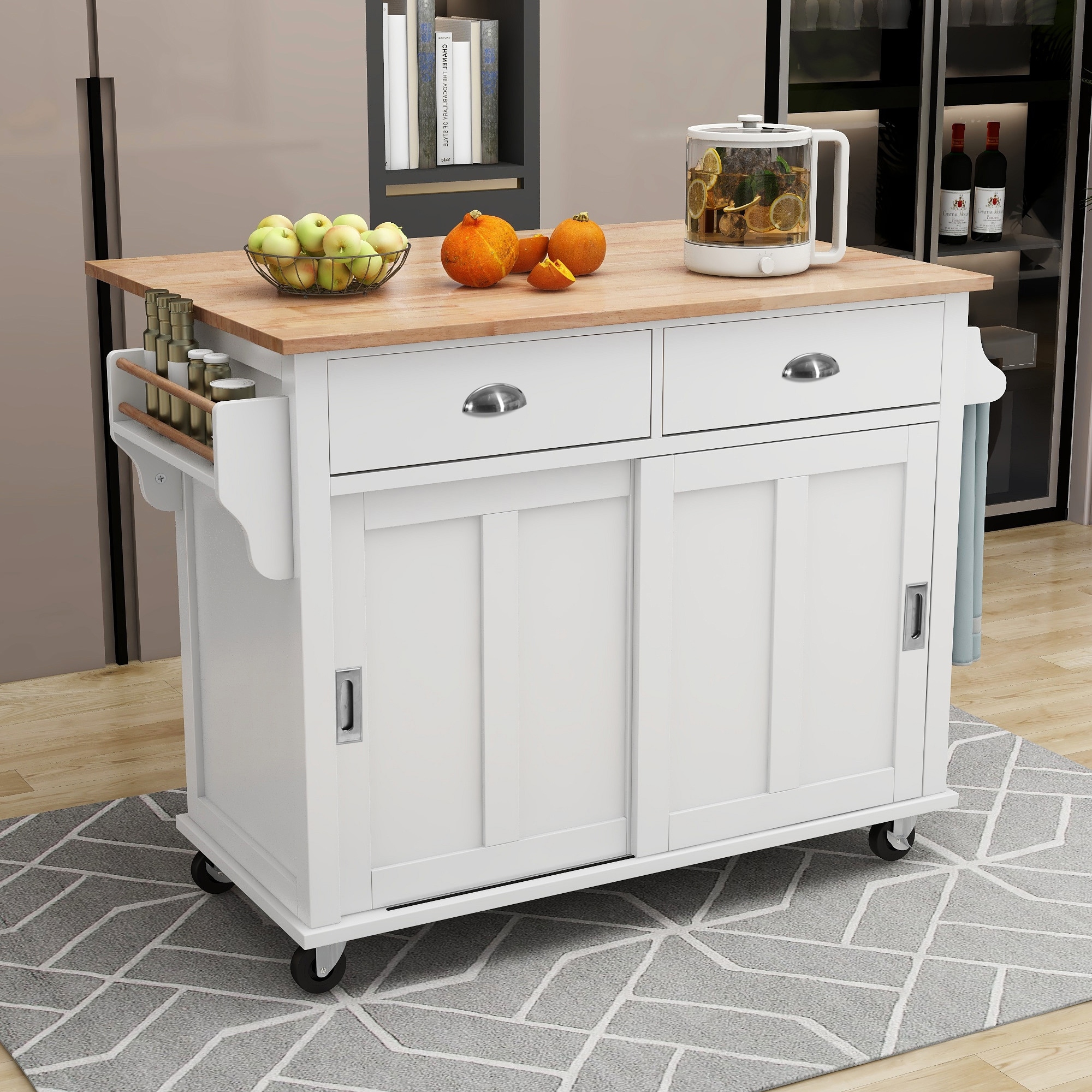 52.3'' Rubberwood Kitchen Cart with Drop-leaf, Sliding Door, Adjustable Shelf, Removable Wheels and 2 Drawers