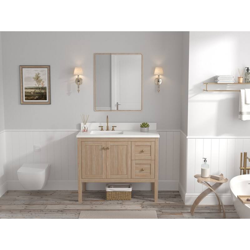 48 Inch Modern Light Oak Single Sink Bathroom Vanity With White Quartz Top