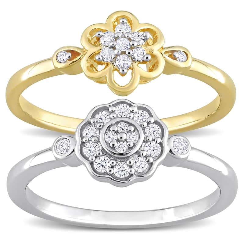 Miadora 1/3ct TW Diamond Floral Rings 2-Piece Set 2-Tone Yellow White Sterling Silver