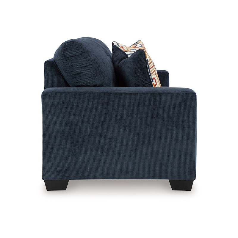 Avie Sofa, 2 Accent Pillows, 85 Inch, Black, Soft Navy Blue Polyester