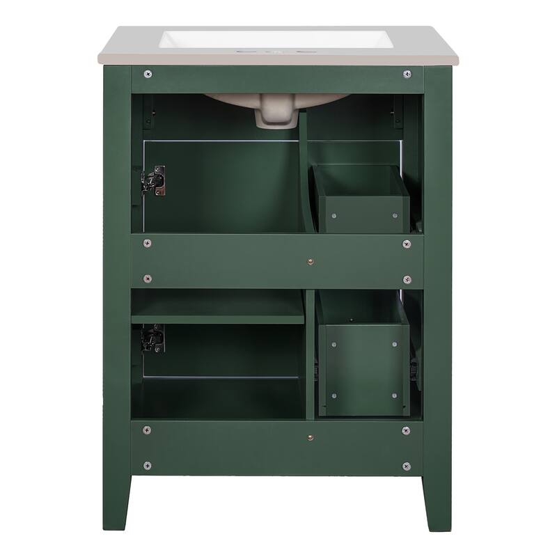 24" Bathroom Vanity with Ceramic Basin, Restroom Basin Cabinet with 2 Drawers, Small Bathroom Cabinet with Soft-Closing Door