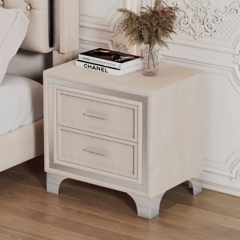 2-Drawer Nightstand with Metal Legs for Bedroom, Mid Century Nightstand Fully Assembled Except Legs and Handles - Beige