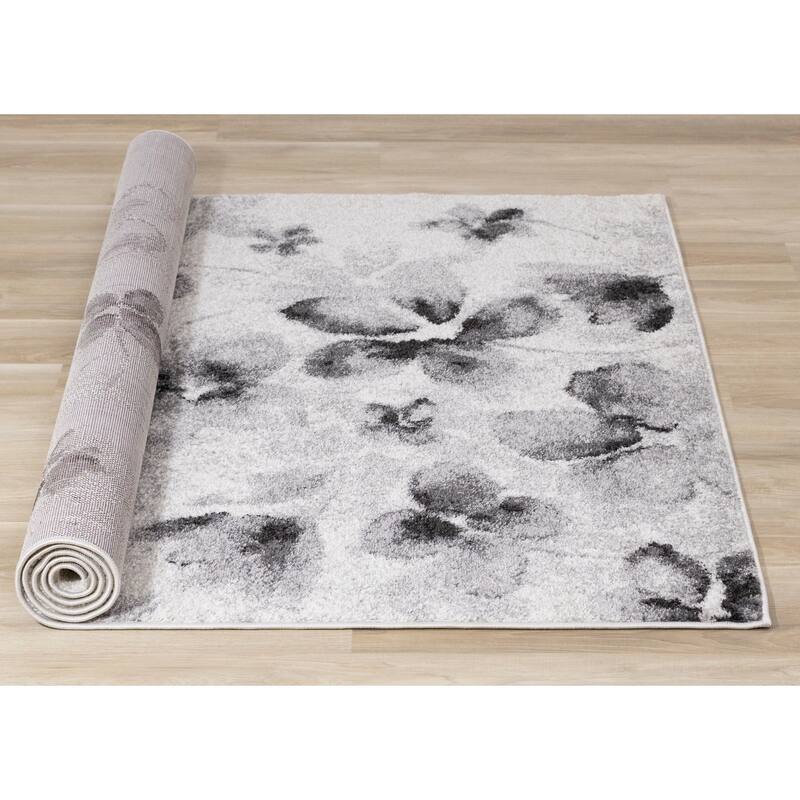 White Grey Neutral Flowers Frieze Area Rug