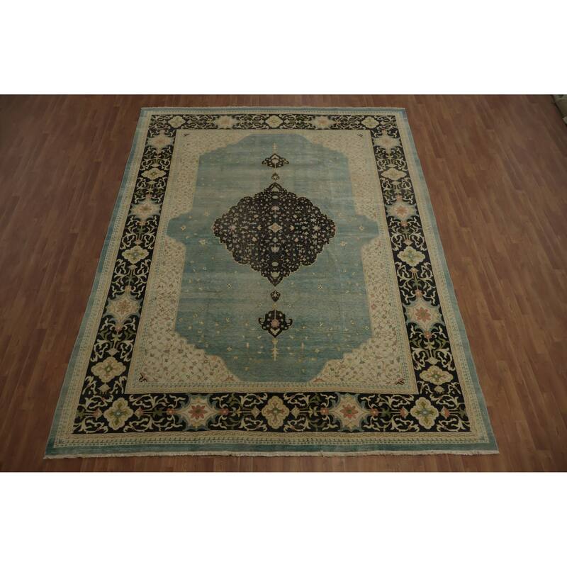 Hand Knotted Oriental 100% Wool Carpet Transitional Floral Navy Blue & Blues Oushak Area Rug - 12' 10'' X 9' 8''