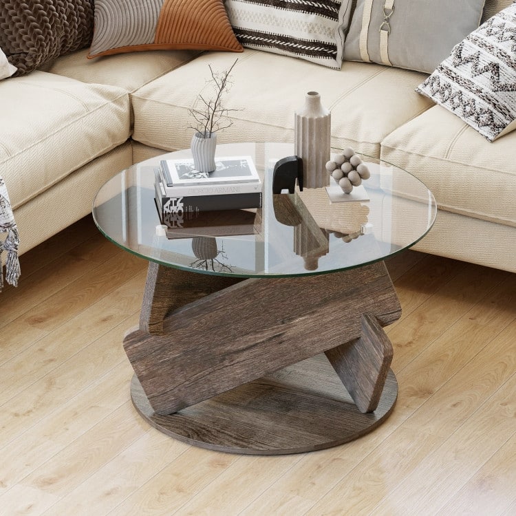 Grey Rubberwood MDF Glass Round Coffee Table with Anti-Slip Base and Modern Design - 32" x 19"