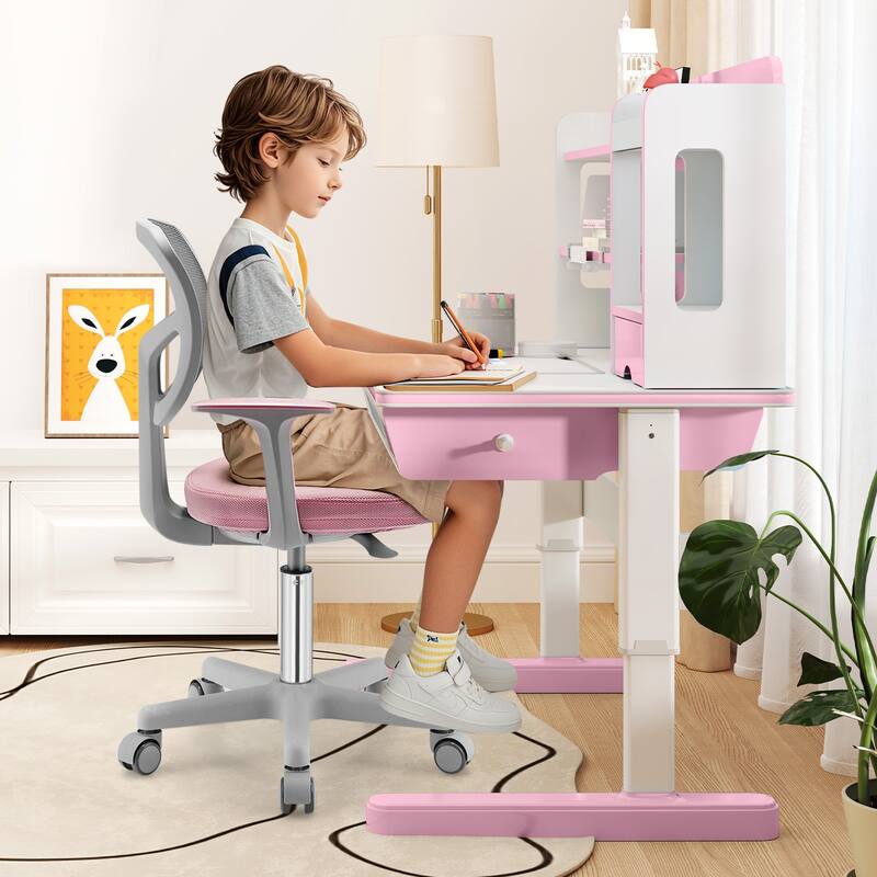 Kids Ergonomic Adjustable Height Study Chair with Swivel Seat and Mesh Backrest and Armrests