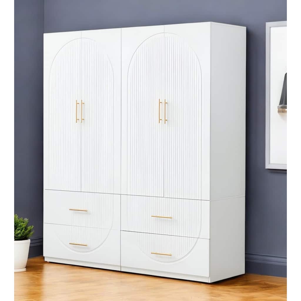 HomeRoots 74" White Carved Geometric Four Door Four Drawer Combo Dresser
