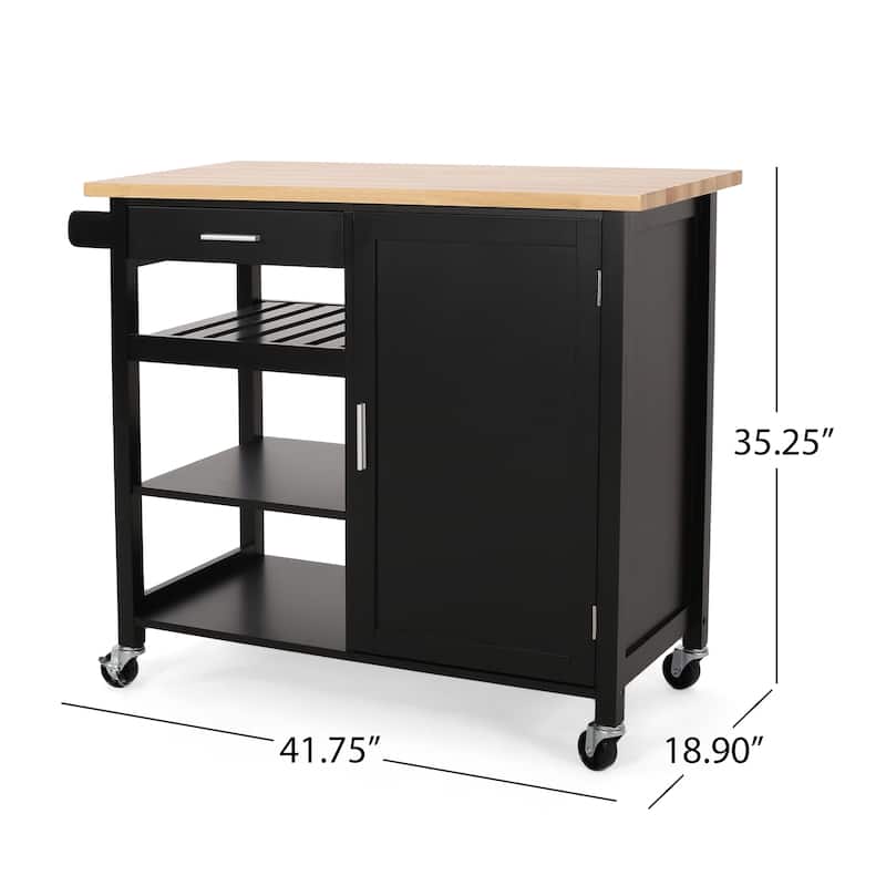 Modern Rolling Kitchen Island Cart with One Drawer, Three Open Shelfs and One Cabinet, Rubberwood Top