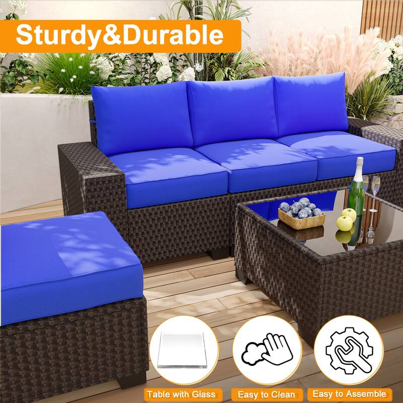 Outdoor Patio Sofa,6 Piece Rattan Furniture Set with Glass Table