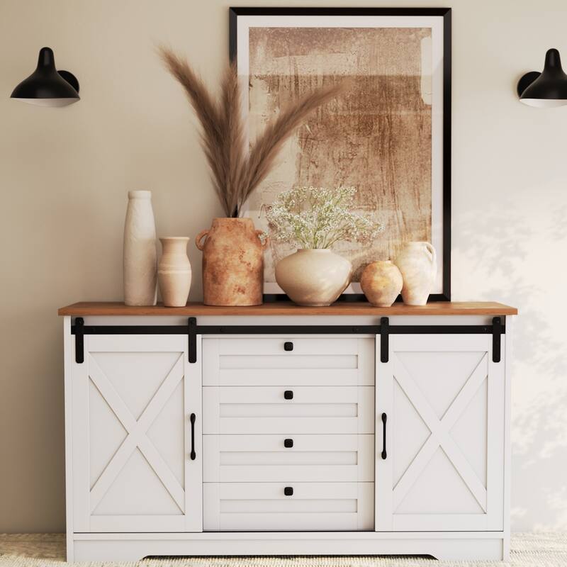 JASIWAY Barn Buffet Sideboard Cabinet with 2 Doors and 4 Drawers