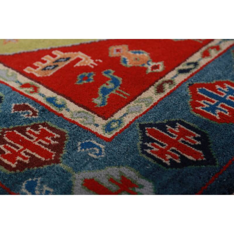 Animals Green Kazak Oriental Area Rug Handmade Wool Carpet - 4'10" x 7'7"