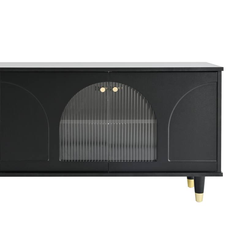 Modern TV Cabinet for TVs Up to 78" with Arch Fluted Glass Doors and Adjustable Shelves, for Living Rooms, Black