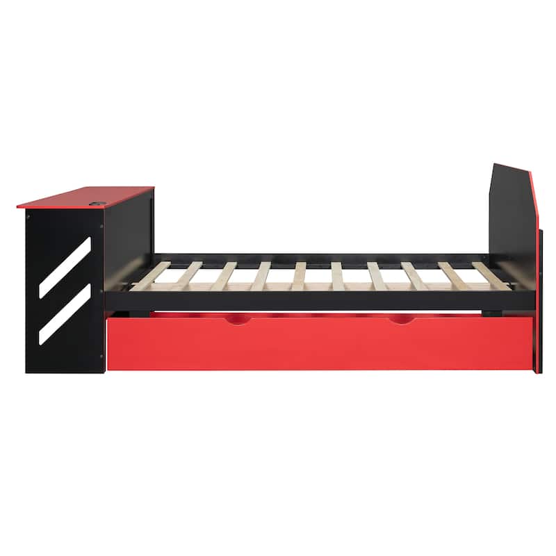 Esports & Work Daybed Full Size Platform Bed for Teens with Twin Size Trundle, Built-in Desk, USB Ports and Cable Management