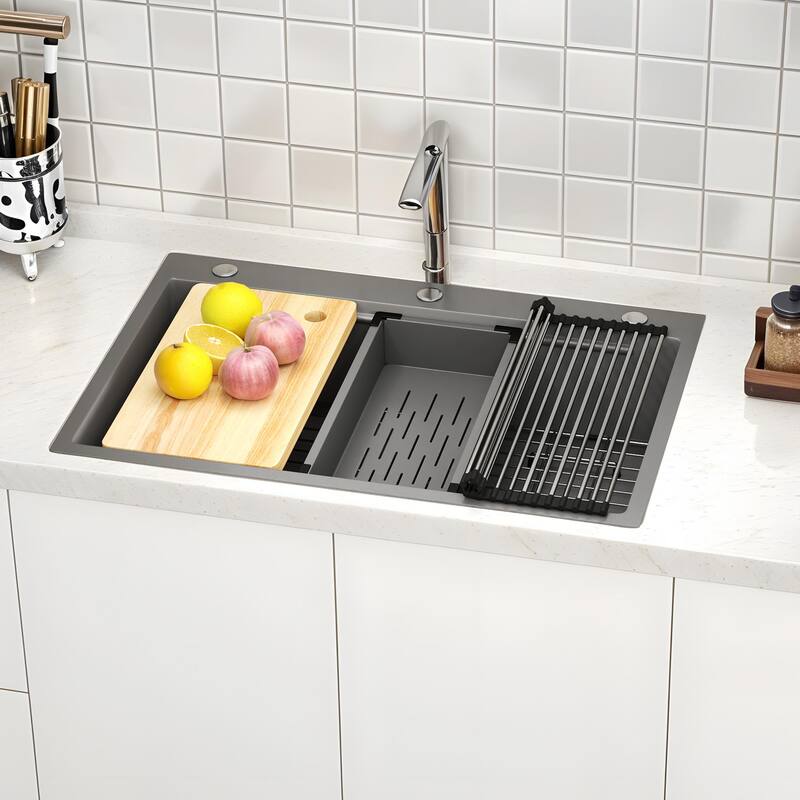 Moasis 33" Drop In Kitchen Workstation Sink, 304 Stainless Steel Single Bowl w/ Accessories, Silver