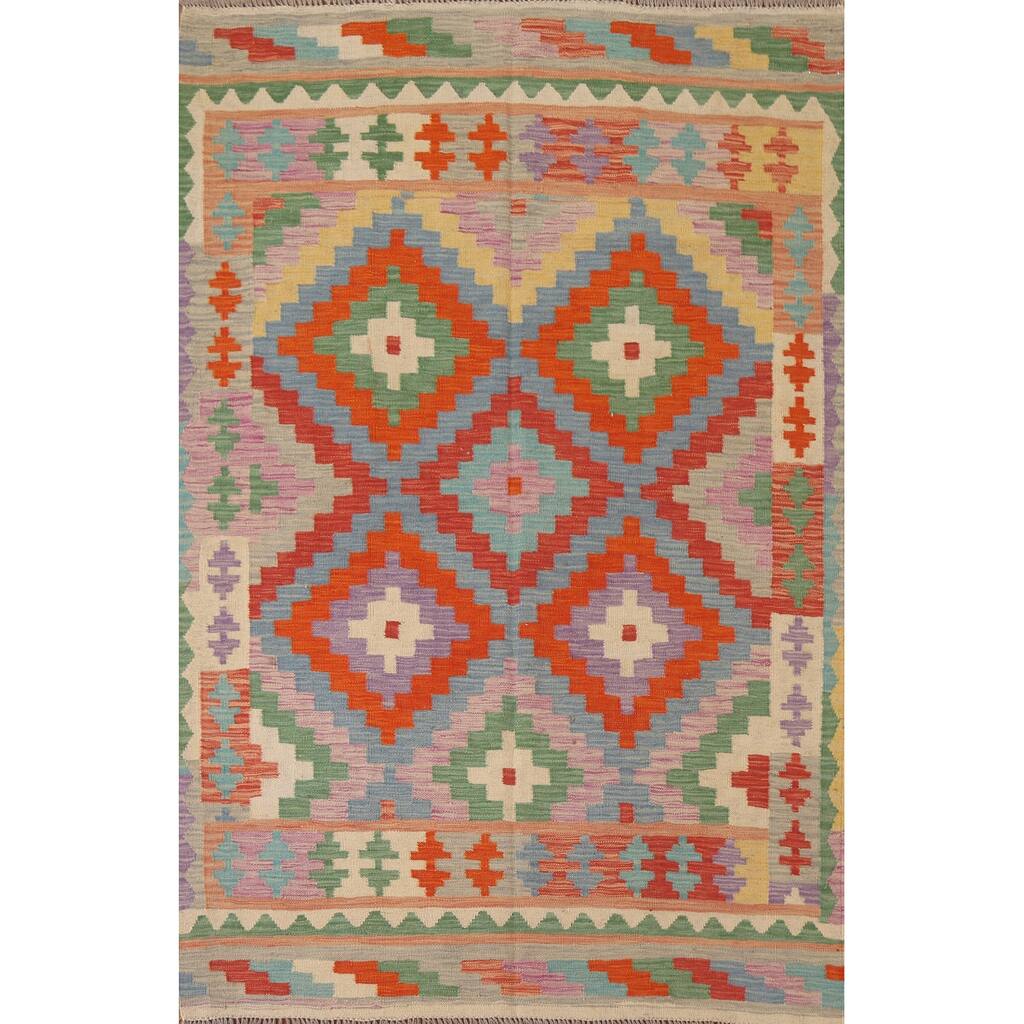 Hand Woven Oriental 100% Wool Carpet Southwestern Geometric Multi-Colored Kilim Area Rug - 6' 6'' X 4' 8''