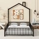 preview thumbnail 14 of 21, Full Size Platform Bed w/Guardrail and Chimney Design, Heavy Duty Metal House Shape Floor Bed Frame for Children, Boys and Girls