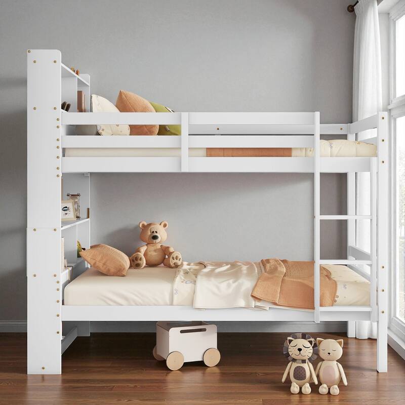 Twin Over Twin Bunk Bed with Shelves Headboard, Solid Rubber Wood Frame with Guardrails, Ladder, and Convertible Design