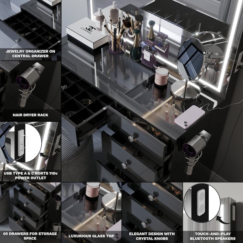 Boahaus Emilia Vanity Desk with Bluetooth Speakers & LED Mirror