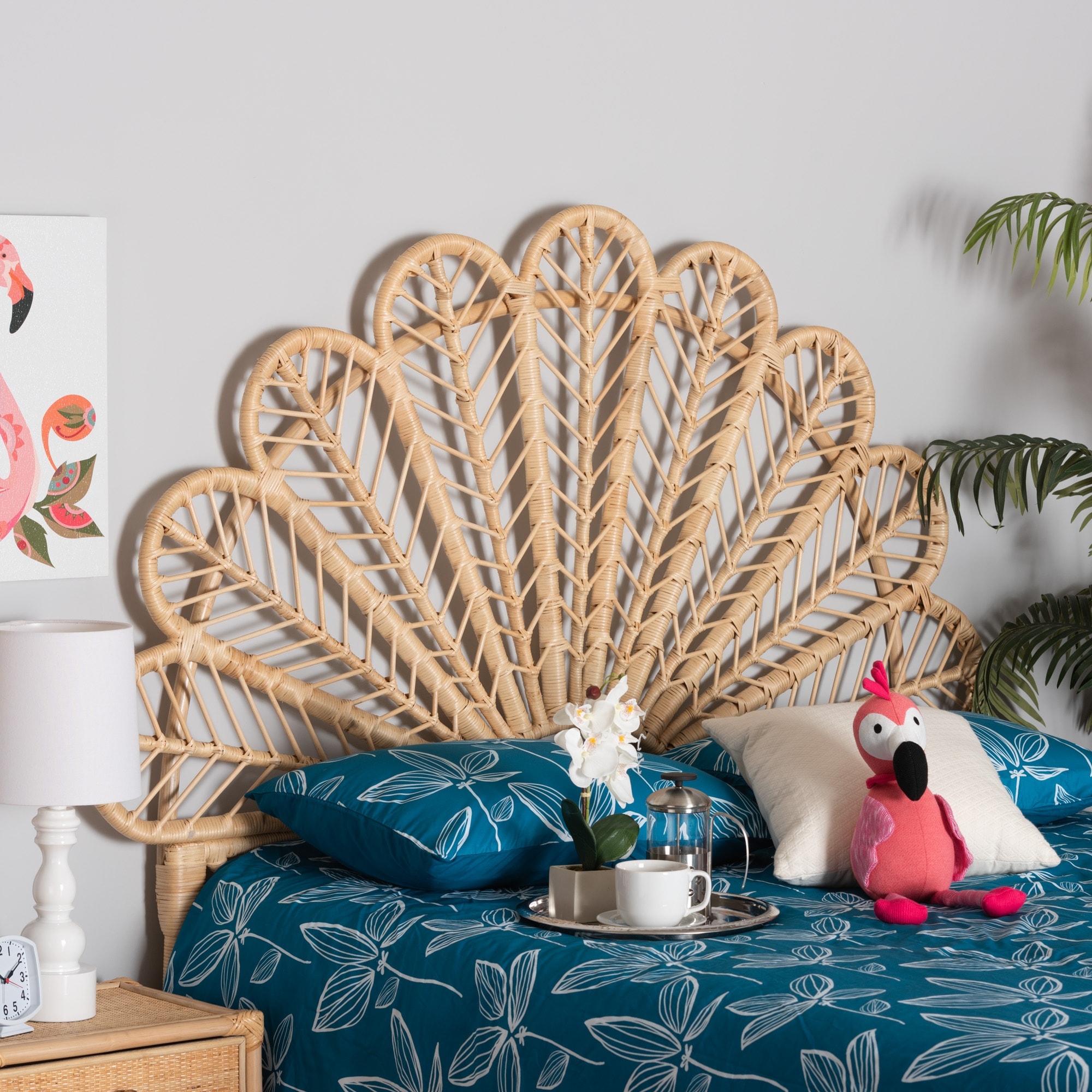 Variel Bohemian Natural Brown Rattan Standalone Headboard in Queen
