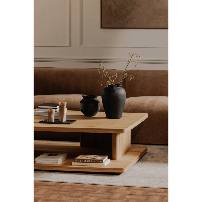 NADAAL STUDIOS Thalor Coffee Table, Large Rectangular Solid Oak Edge, Bullnose Vertical Support, Dark Brown