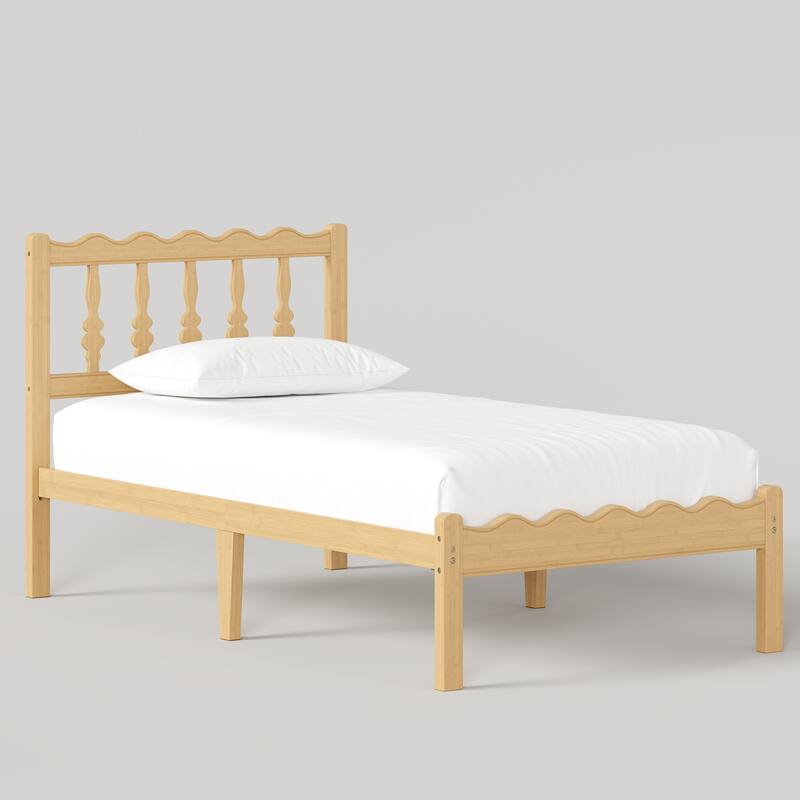 Solid Bamboo Bed Frame with Headboard, Heavy Duty Metal Slat Support, Easy Assembly