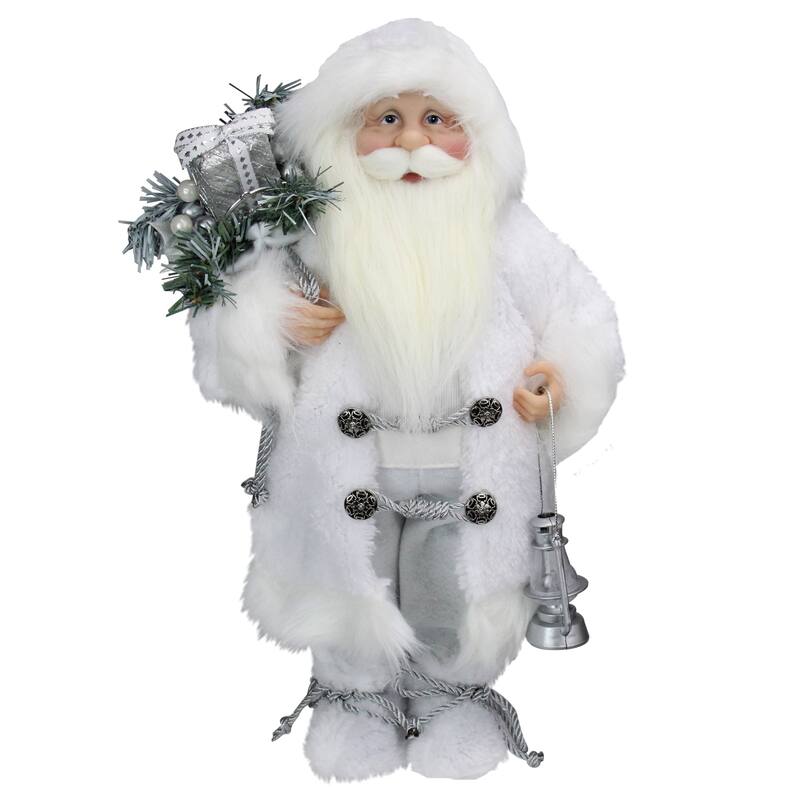 16" White Frost Standing Santa Claus Christmas Figurine with Lantern