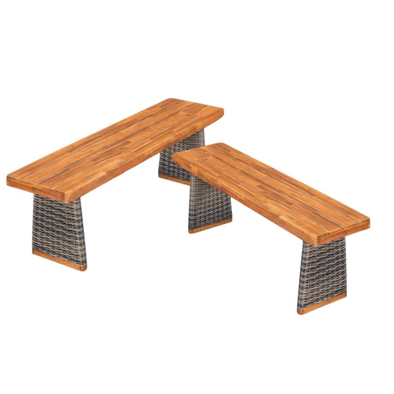 Outdoor Acacia Wood Bench(Set of 2), Teak Finish+ Grey Wicker