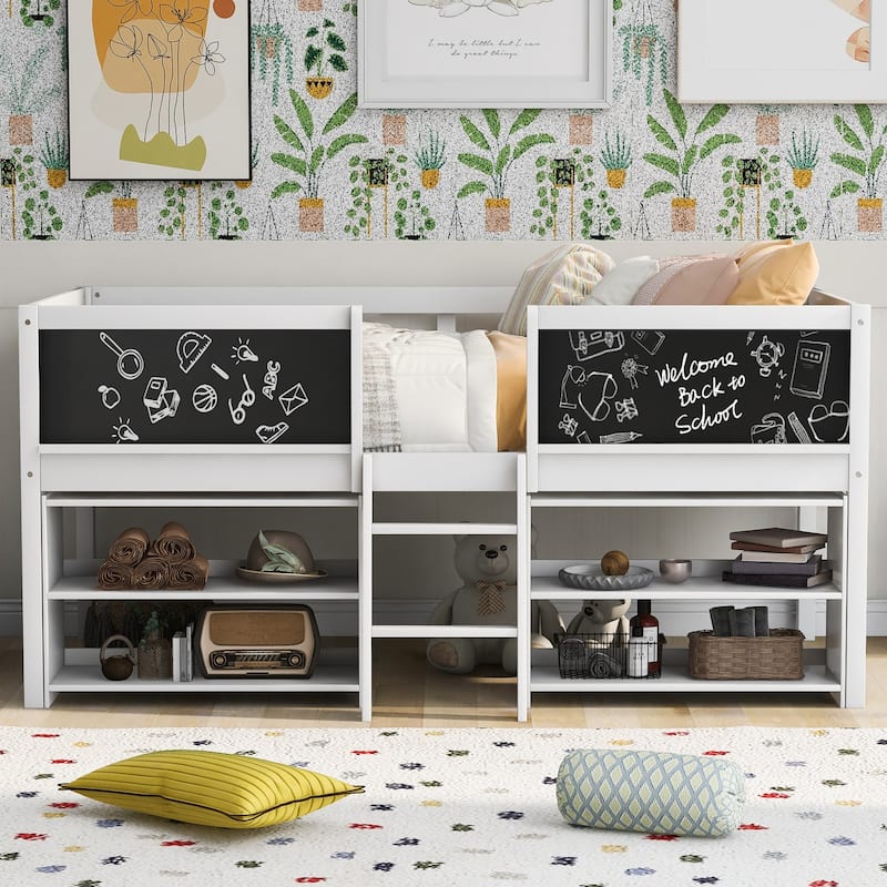 Twin Size Low Loft Bed with Two Movable Shelves, Ladder and Chalkboard, Kids Low Loft Bed Frame No Box Spring Needed for Boys - White