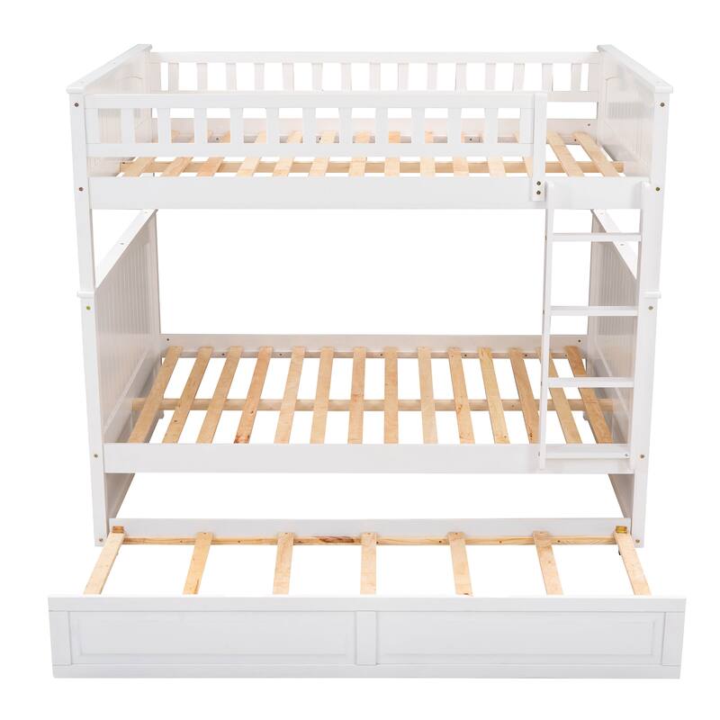 Full Over Full Bunk Bed with Twin Size Trundle, Pine Wood Bunk Bed Frame, Space-Saving Design with Guardrails