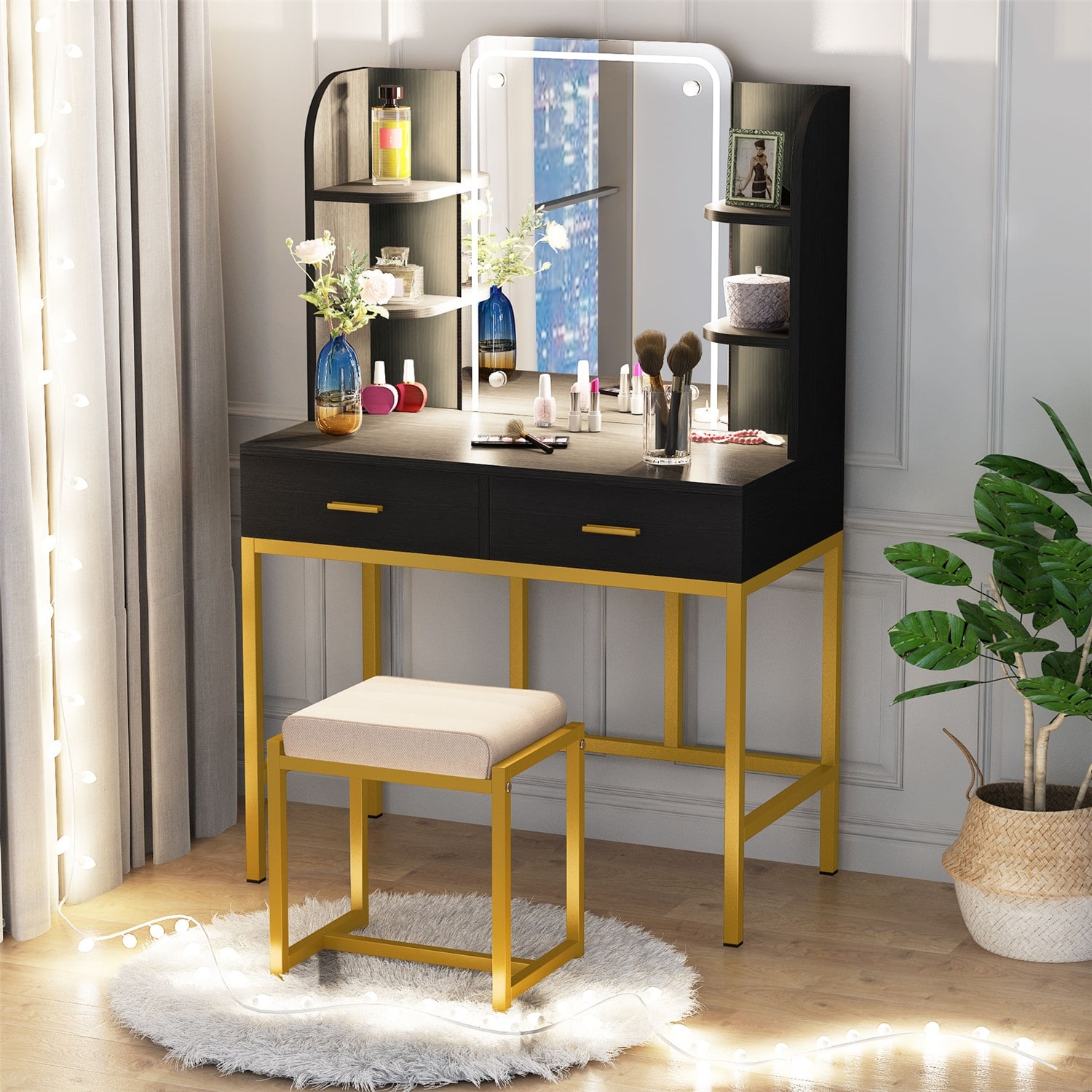 2-piece Vanity Table Set, Vanity Make Up Table and Stool Set with LED Lighted Mirror