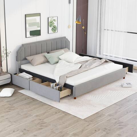 King Size Upholstery Platform Bed with Four Storage Drawers and Support Legs